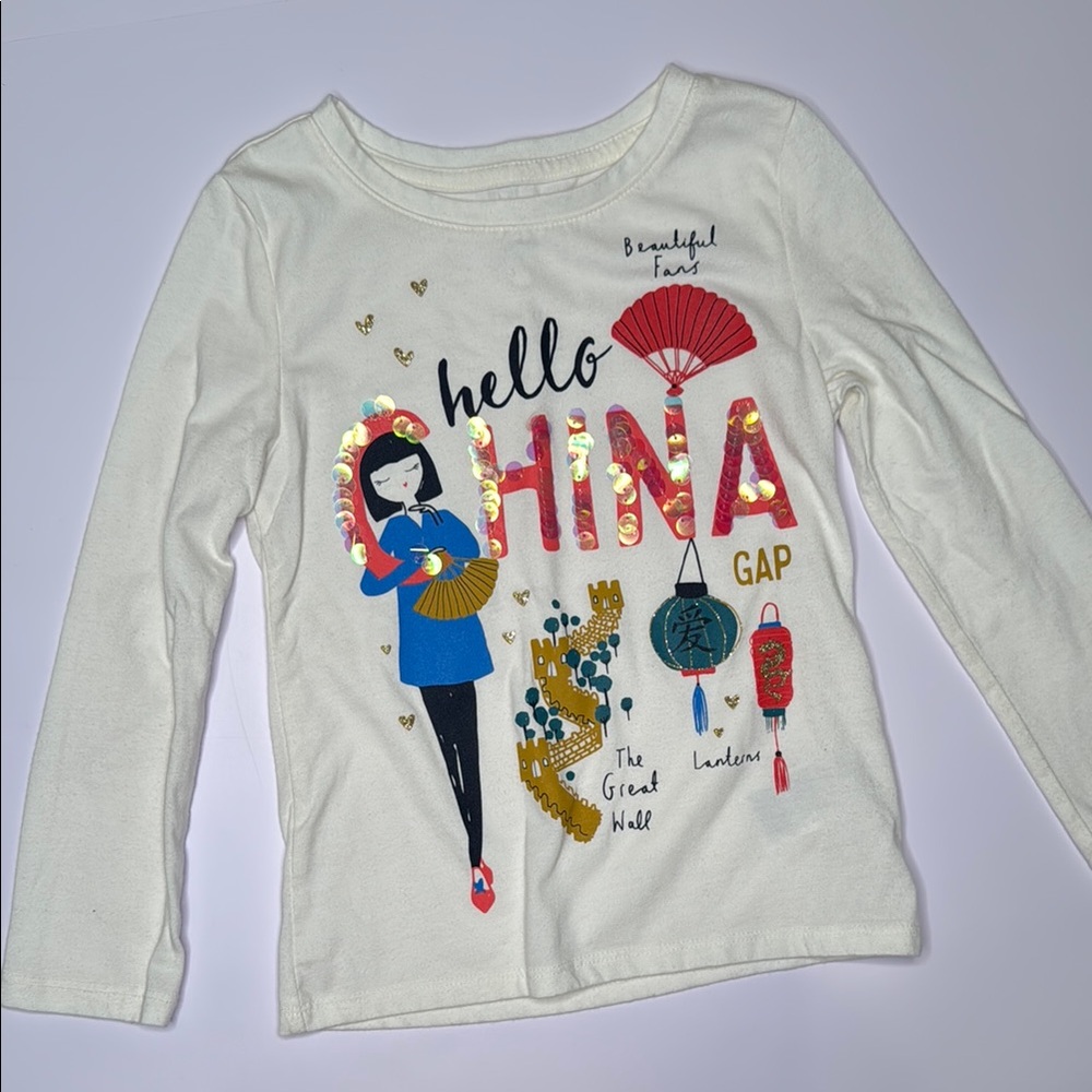 GAP Kids White Graphic Long Sleeve Shirt "hello China"